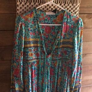 Boho green blue floral Long sleeve midi/ maxi